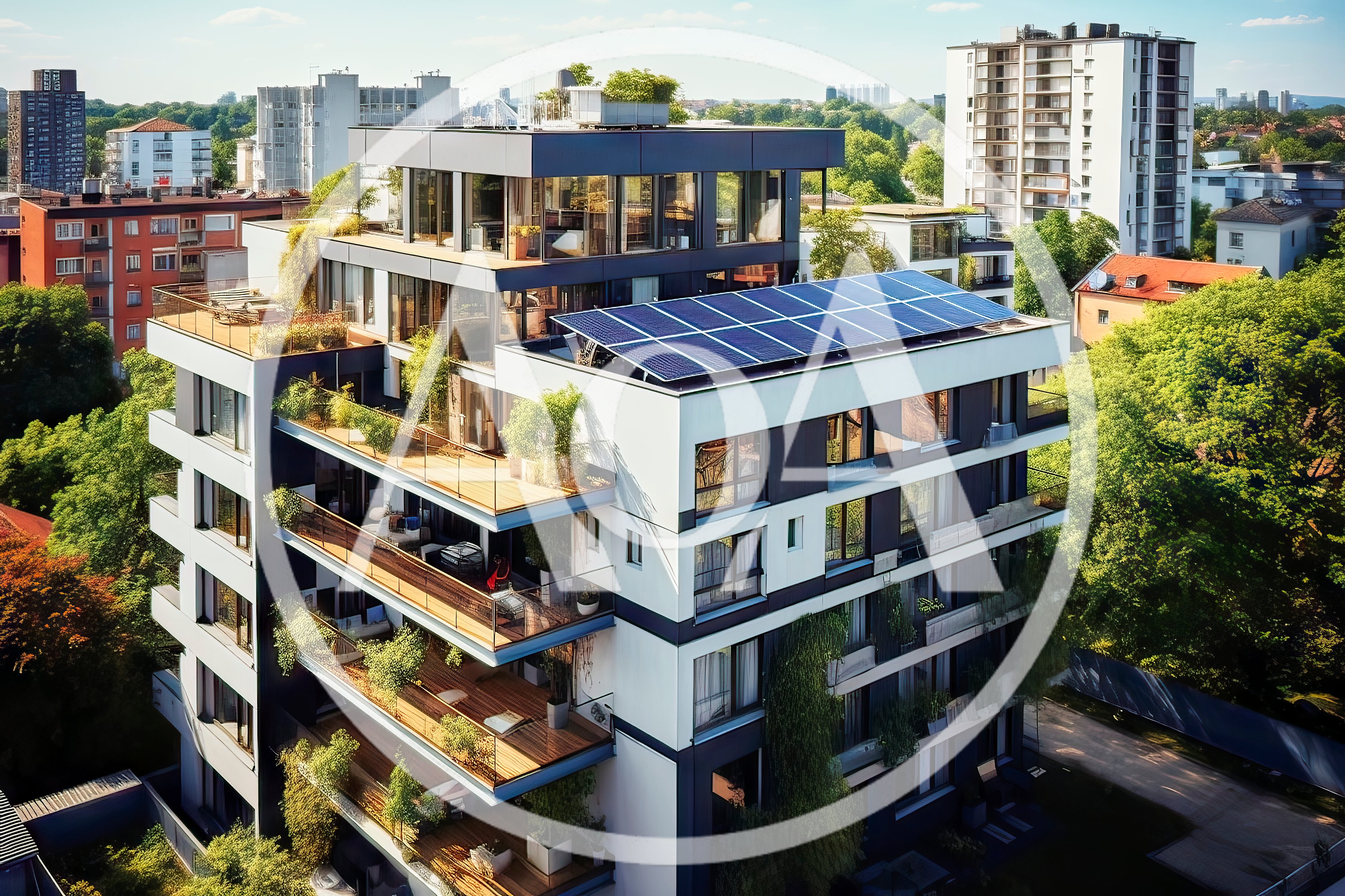 Modern Apartment Building With Green Terraces And Solar Panels