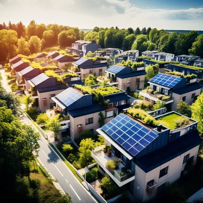 Aerial View Of Modern Eco Friendly Residential Neighborhood