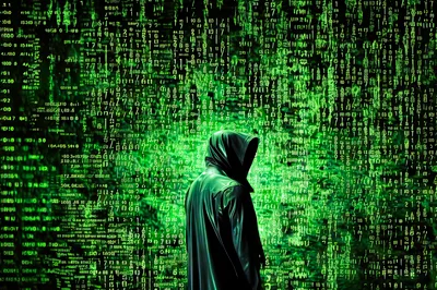 Hacker Standing Before A Digital Matrix Code Background