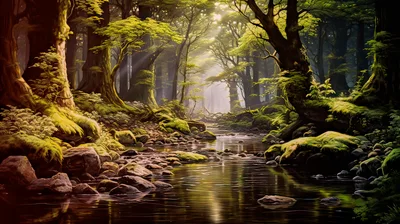 Sunlit Stream Flowing Through A Lush Ancient Forest