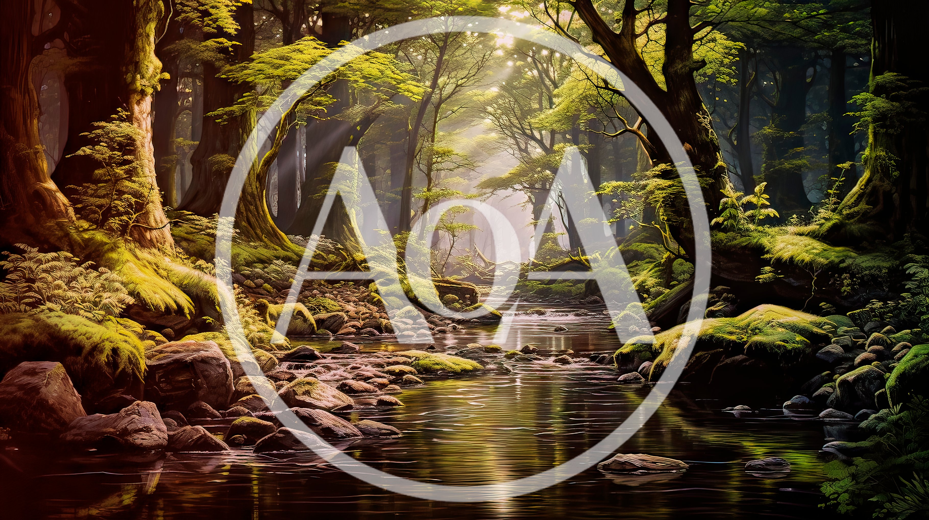 Sunlit Stream Flowing Through A Lush Ancient Forest