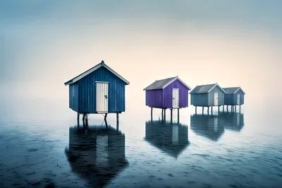 Colorful Stilt Houses Standing In Calm Misty Water