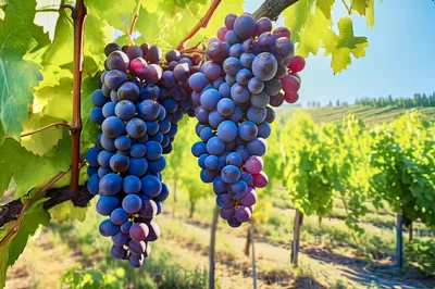 Two Bunches Of Ripe Purple Grapes In A Vineyard