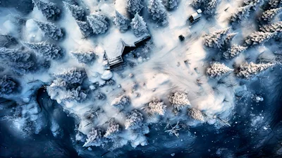 Aerial View Of A Snowy Cabin In A Winter Forest