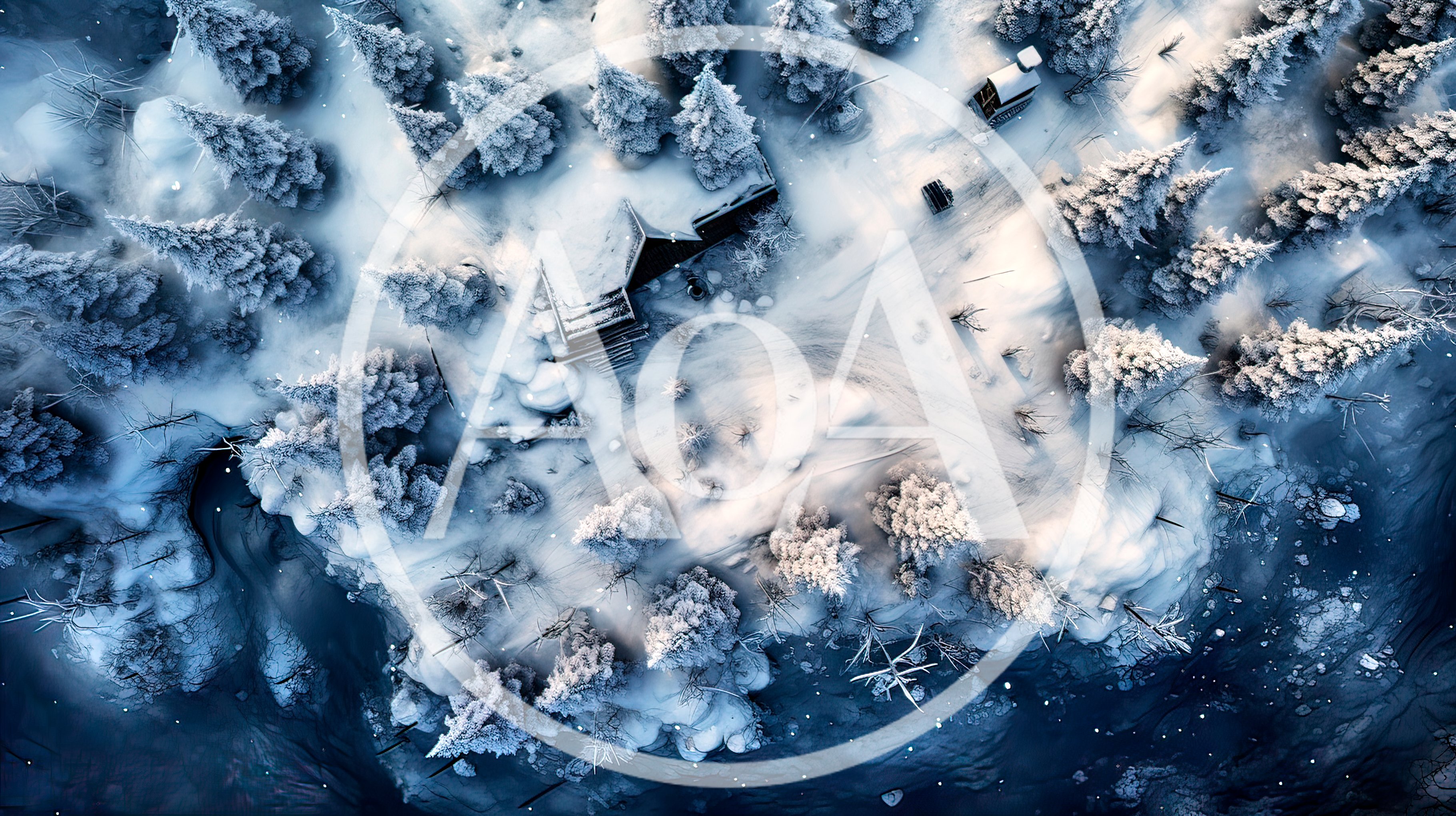 Aerial View Of A Snowy Cabin In A Winter Forest