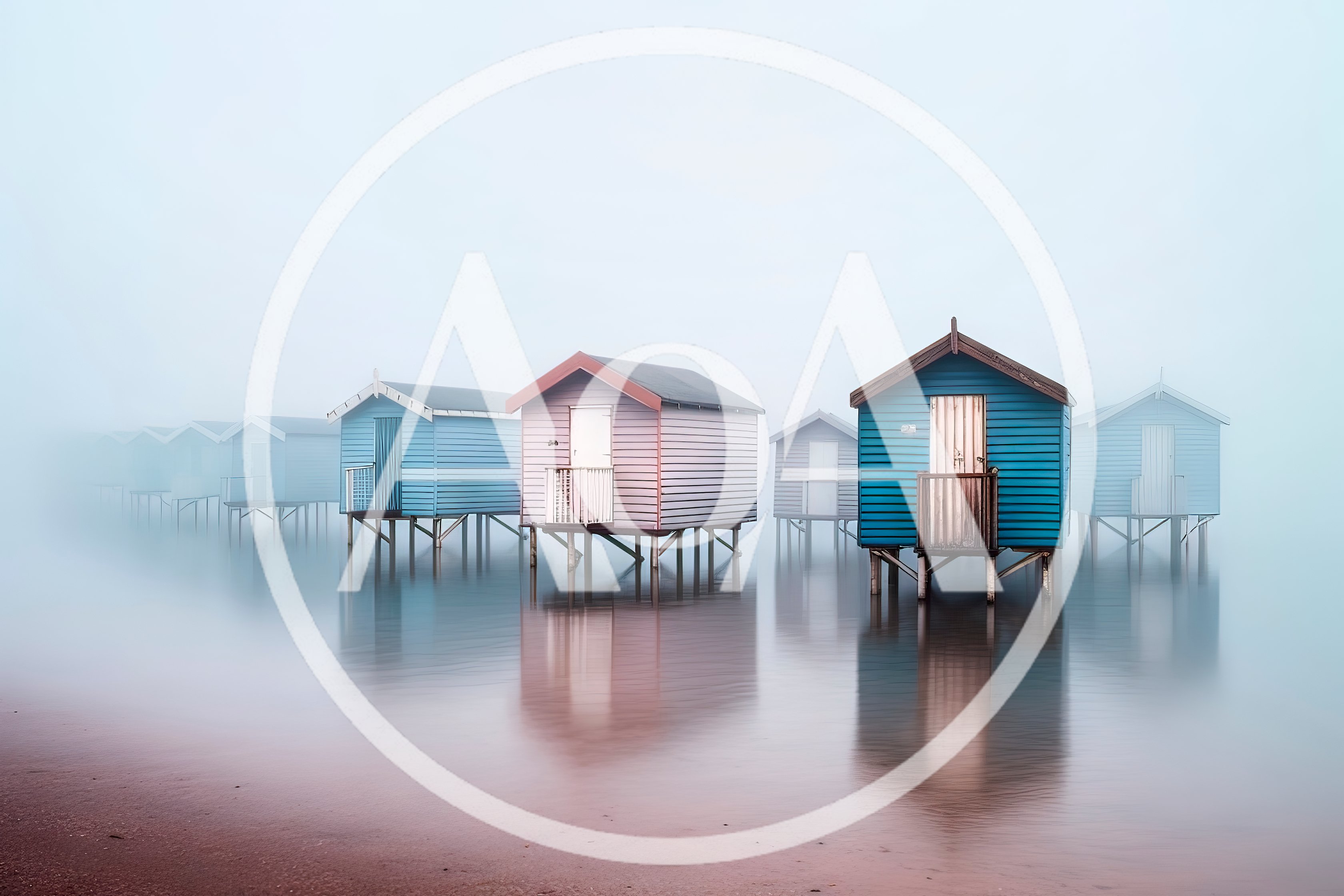 Colorful Beach Huts Standing On Stilts In Thick Fog
