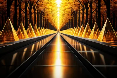 Surreal Golden Pyramid Corridor in Autumn Forest