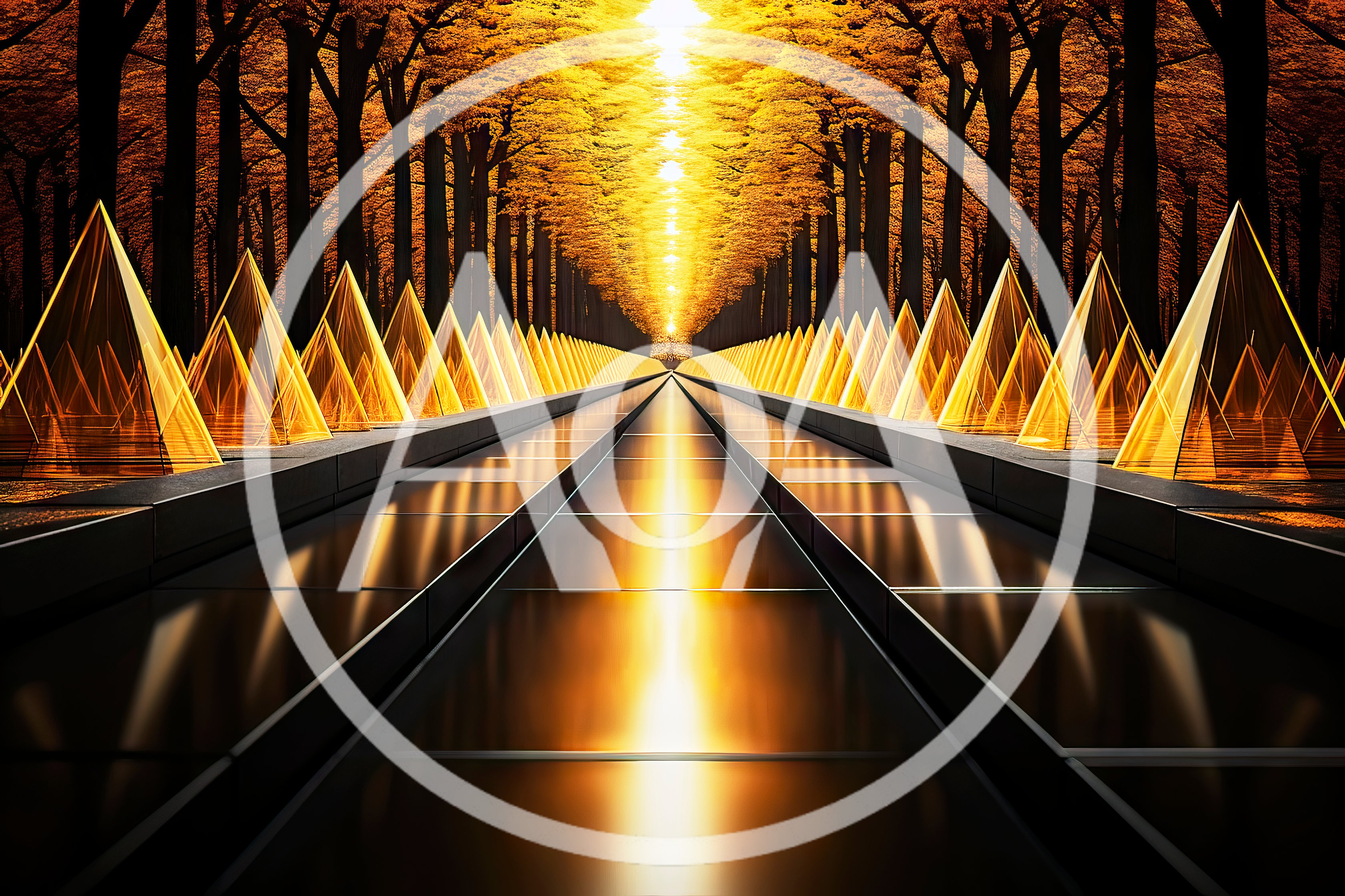 Surreal Golden Pyramid Corridor in Autumn Forest