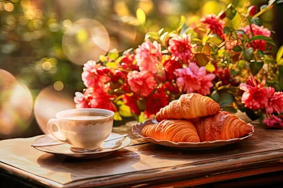 Morning Coffee and Fresh Croissants on Garden Table