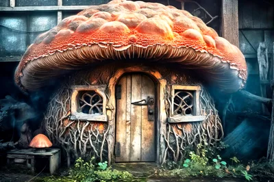 Whimsical Mushroom House In A Mystical Forest Setting