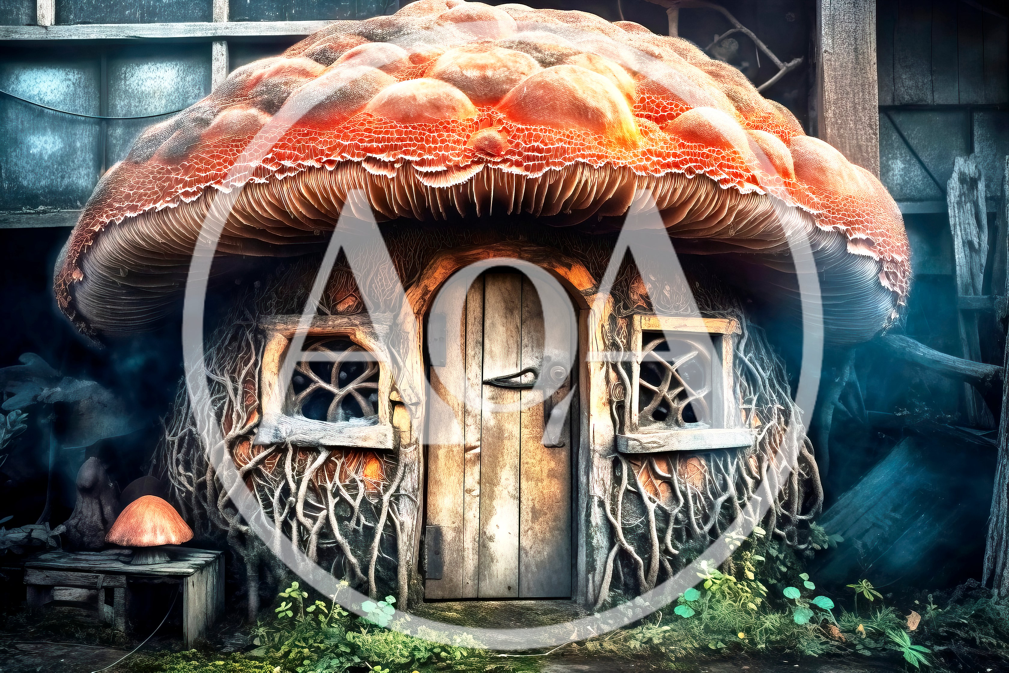 Whimsical Mushroom House In A Mystical Forest Setting