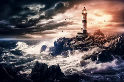 Lighthouse Standing On Rocky Coast During Stormy Sunset