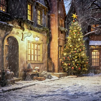 Christmas Tree In A Snowy European Village Square
