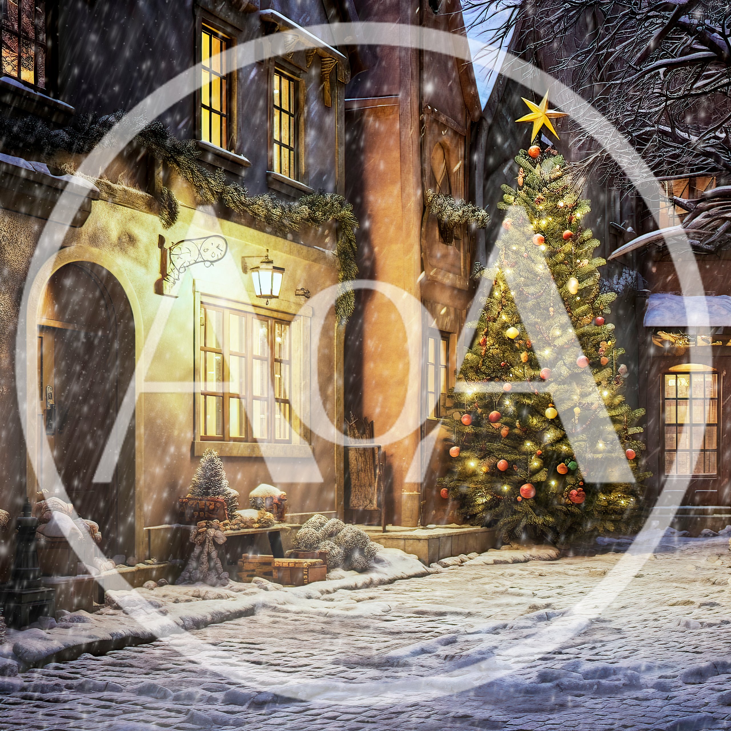 Christmas Tree In A Snowy European Village Square