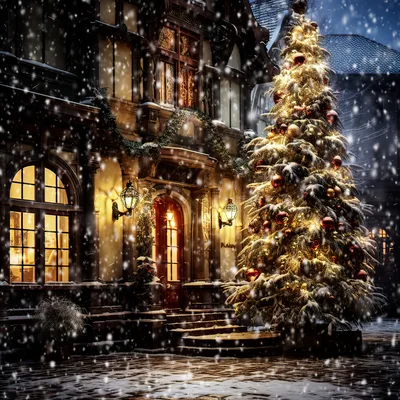 Festive Christmas Tree Outside A Historic European Building