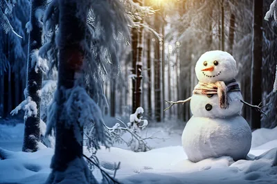 Cheerful Snowman Standing In A Snowy Winter Forest