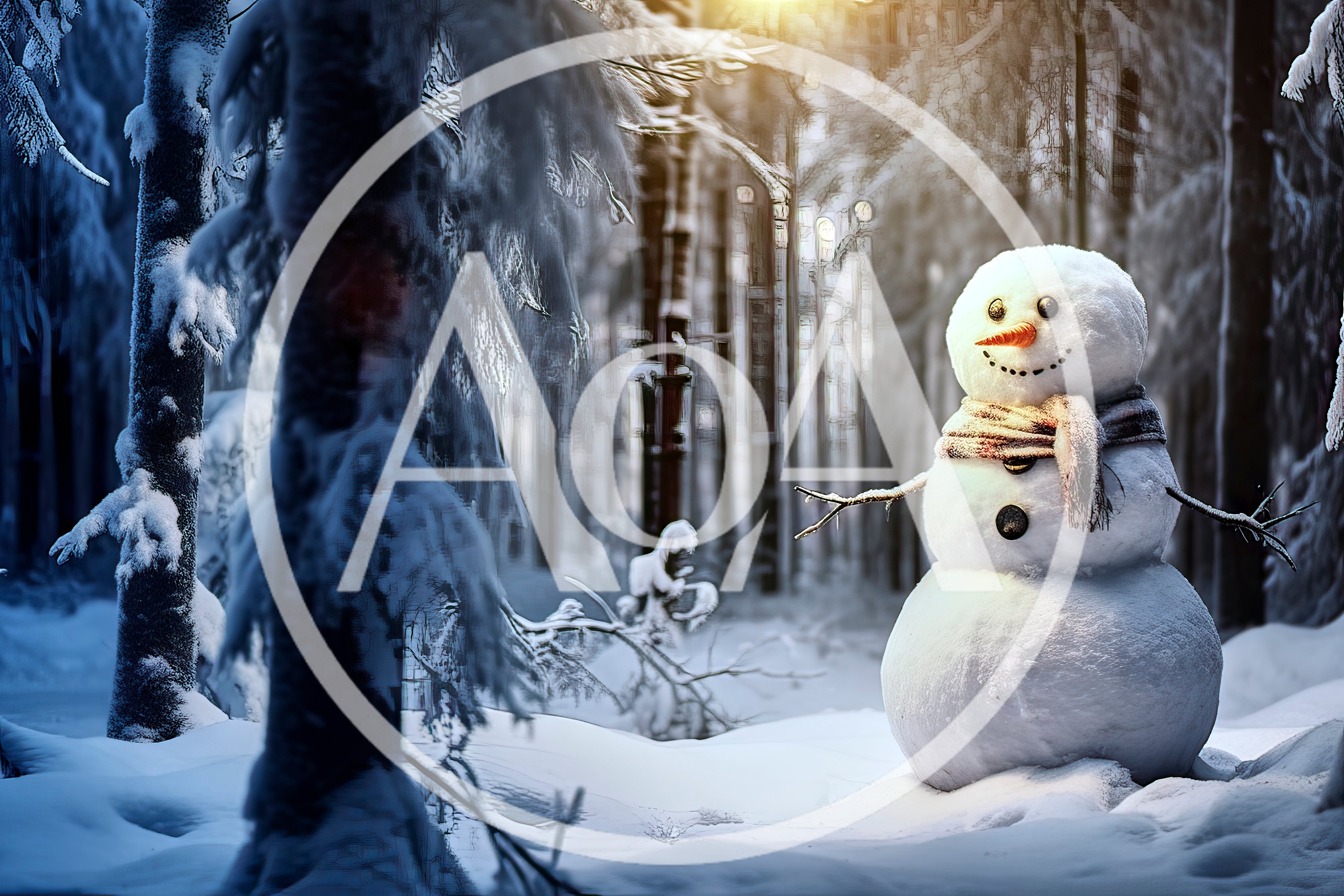 Cheerful Snowman Standing In A Snowy Winter Forest