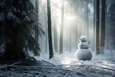 Snowman Standing Alone In A Misty Winter Forest