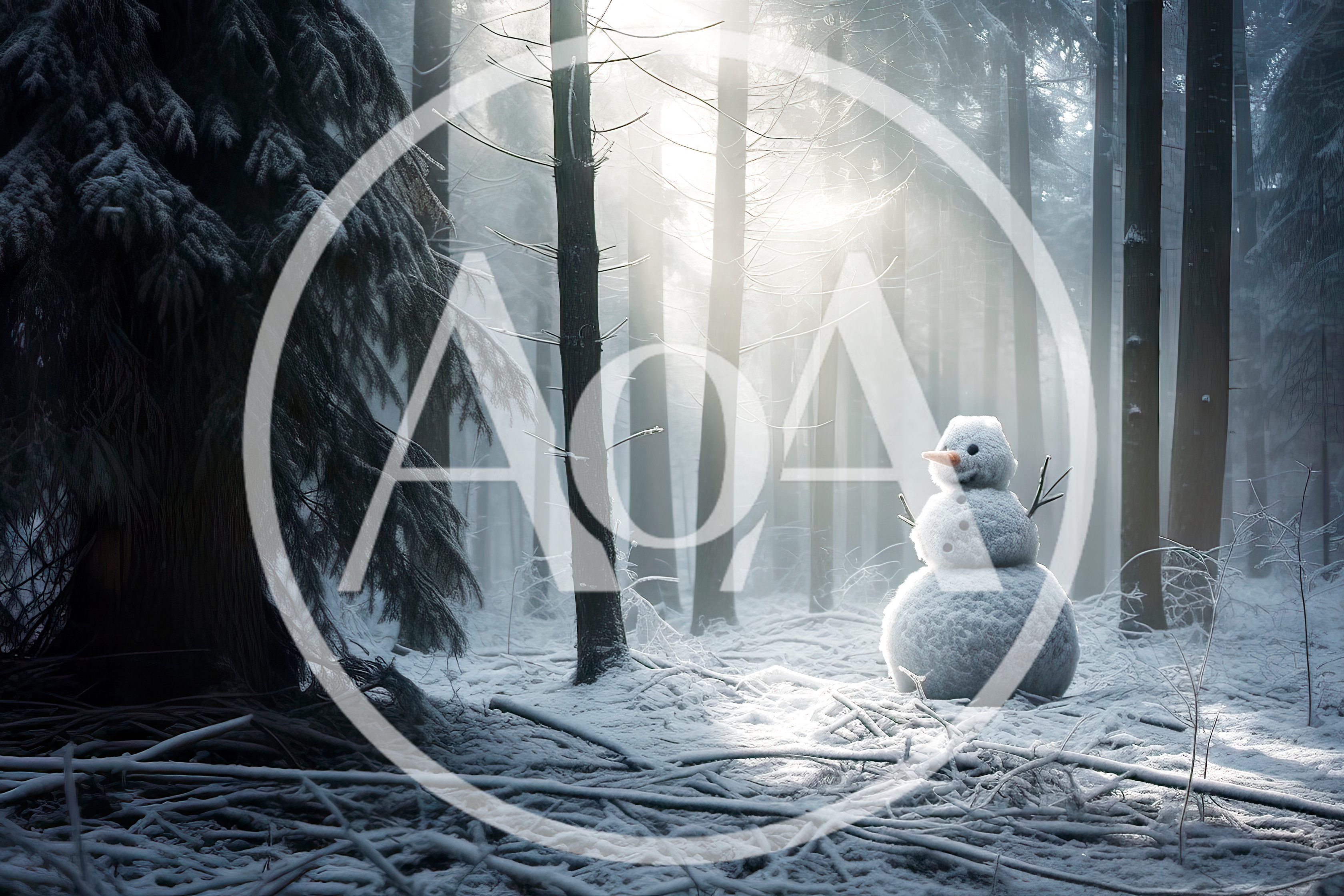 Snowman Standing Alone In A Misty Winter Forest