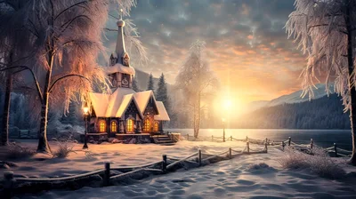Winter Church By A Frozen Lake At Sunset