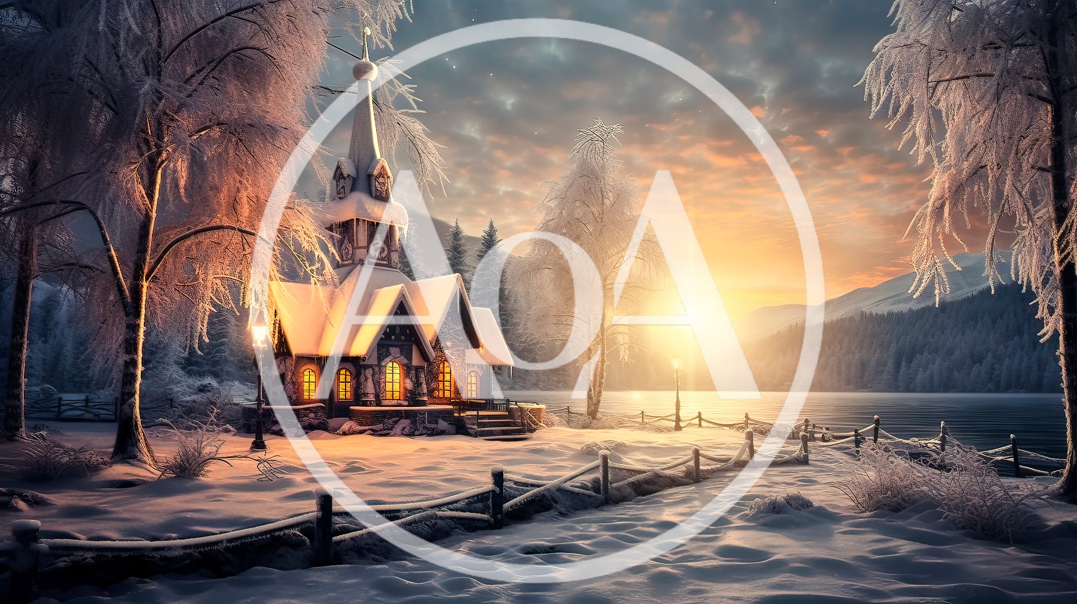 Winter Church By A Frozen Lake At Sunset