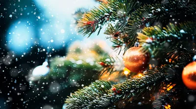 Golden Christmas Ornament Hanging On Pine Tree