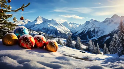 Christmas Ornaments Resting In Snowy Mountain Landscape
