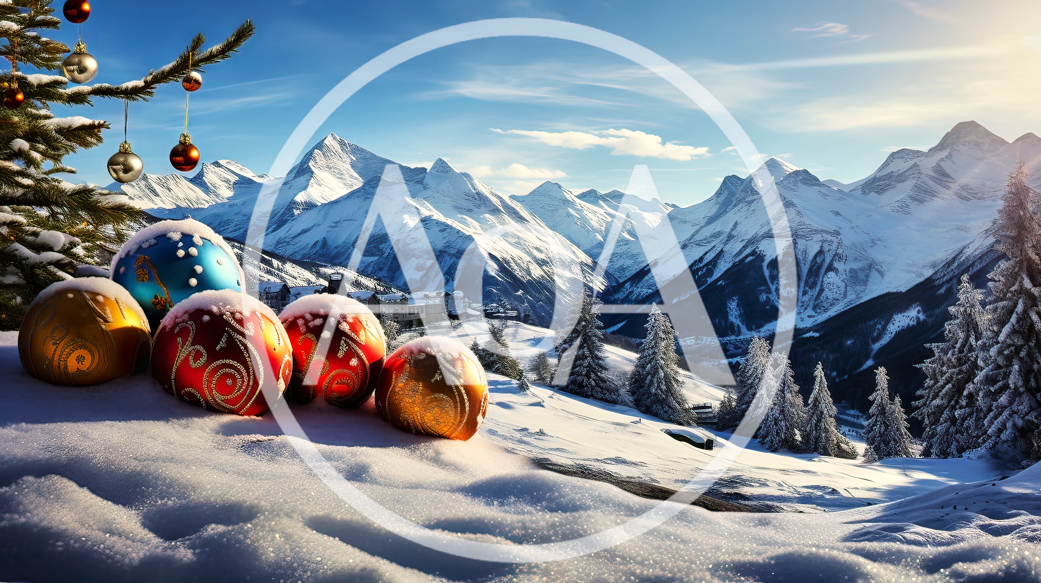 Christmas Ornaments Resting In Snowy Mountain Landscape