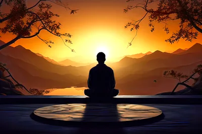 Person Meditating In Lotus Position At Sunset