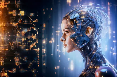 Cyborg Woman Interacting With Digital Data Interface