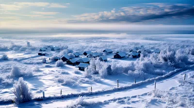 Aerial View Of A Snowy Village In Winter