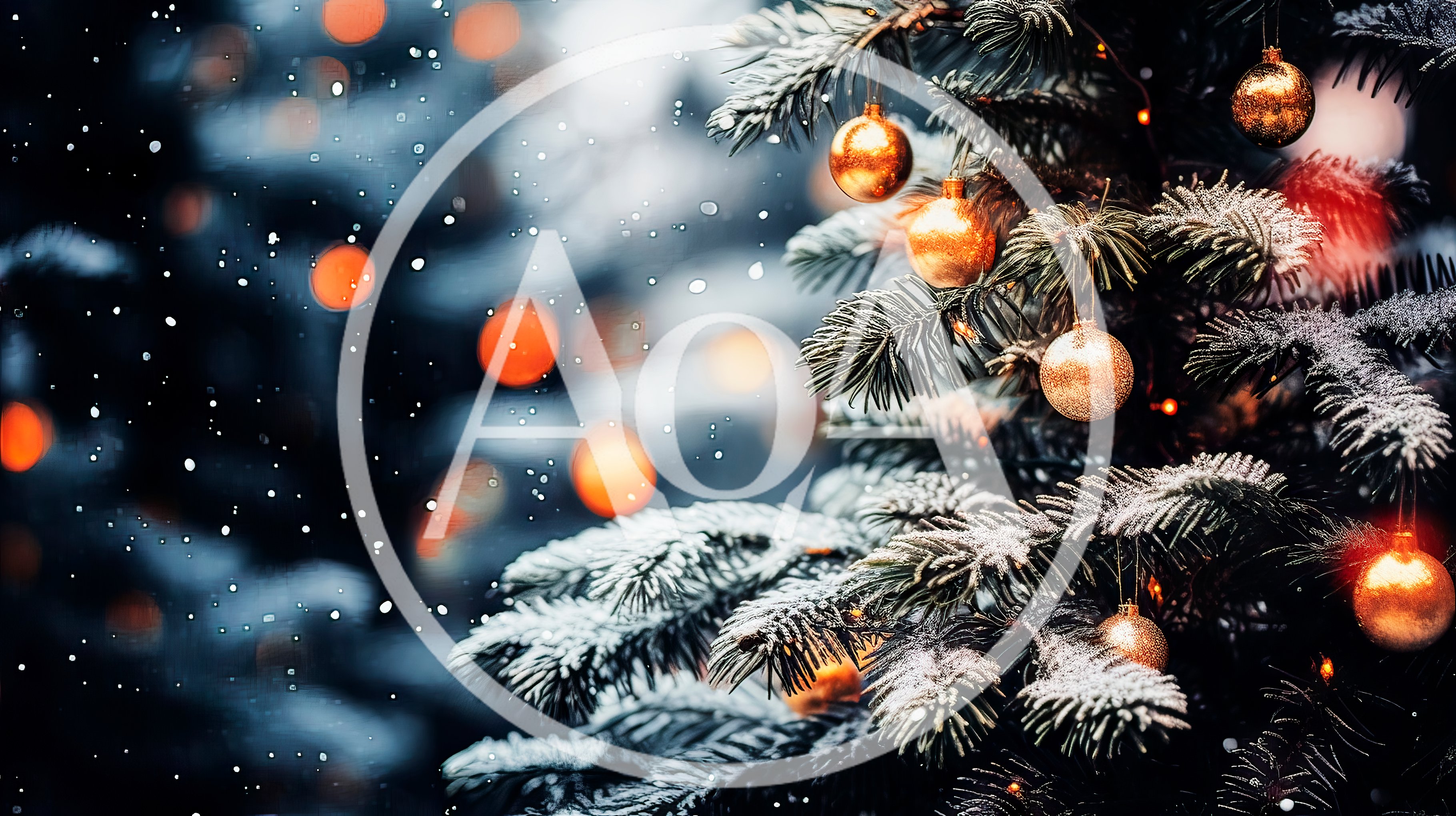 Golden Christmas Ornaments Hanging On Snowy Pine Tree