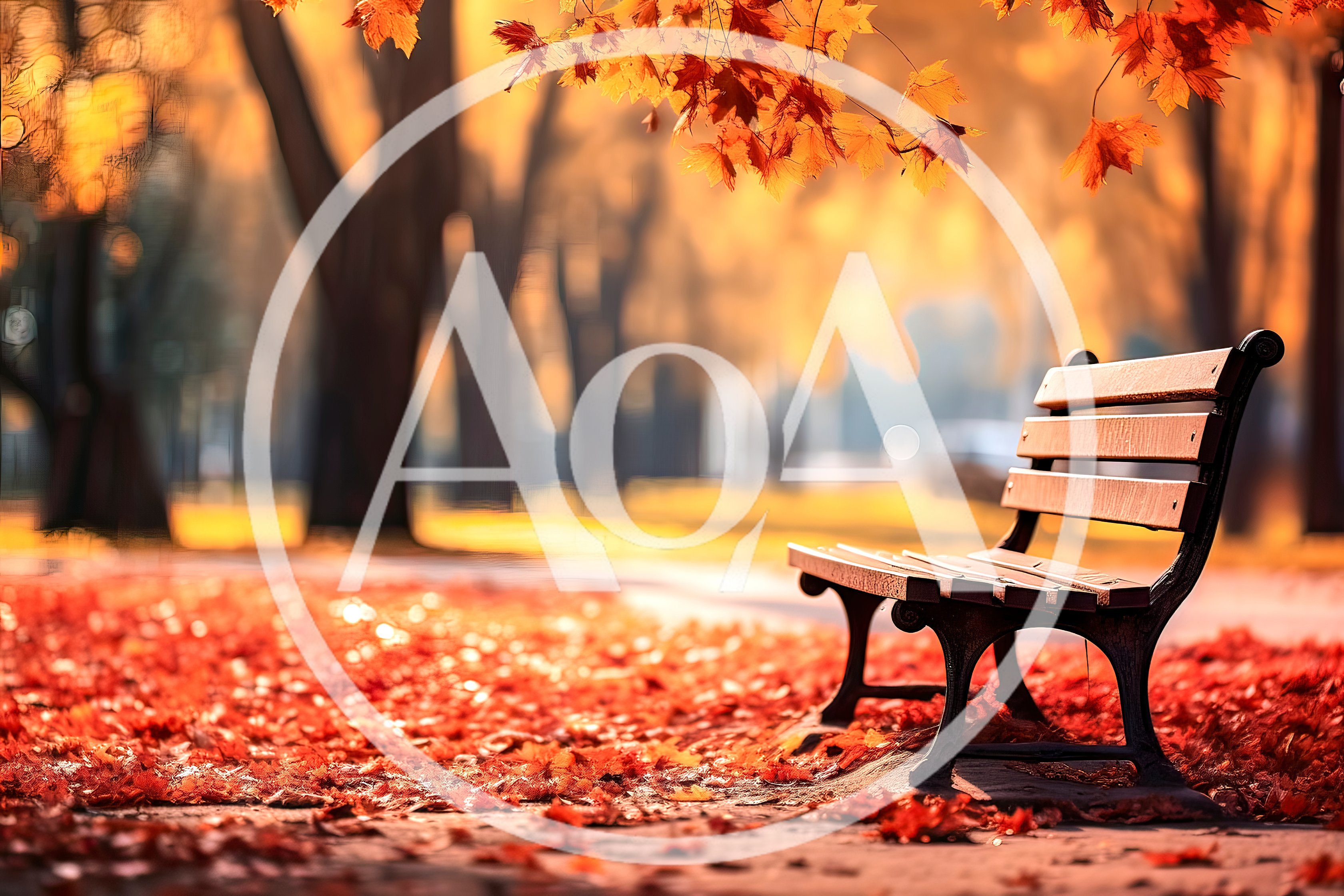 Empty Wooden Park Bench Surrounded By Autumn Leaves