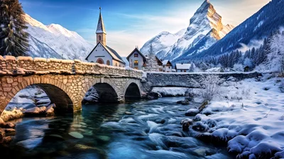 Stone Bridge Over Snowy River In Alpine Village
