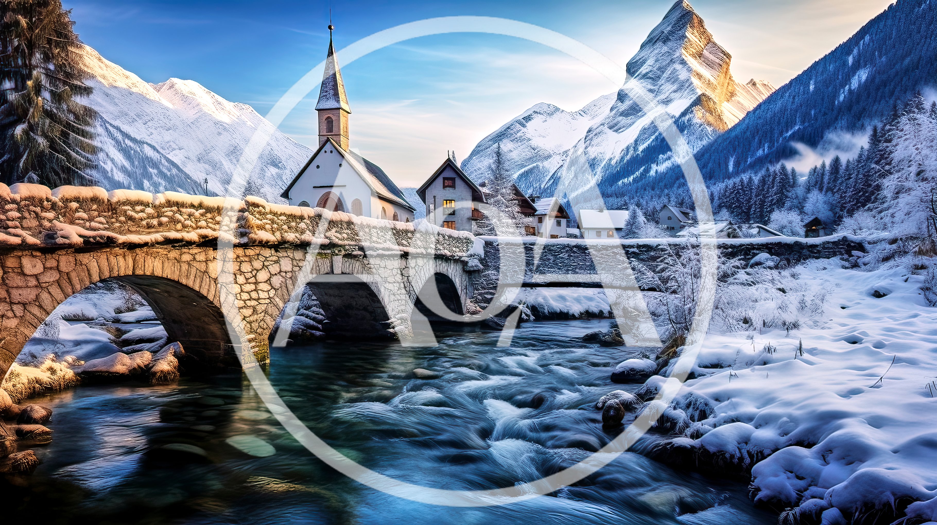 Stone Bridge Over Snowy River In Alpine Village