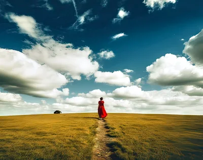 Woman In Red Dress Walking Through Golden Wheat Field
