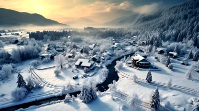 Aerial View Of A Snowy Mountain Village In Winter