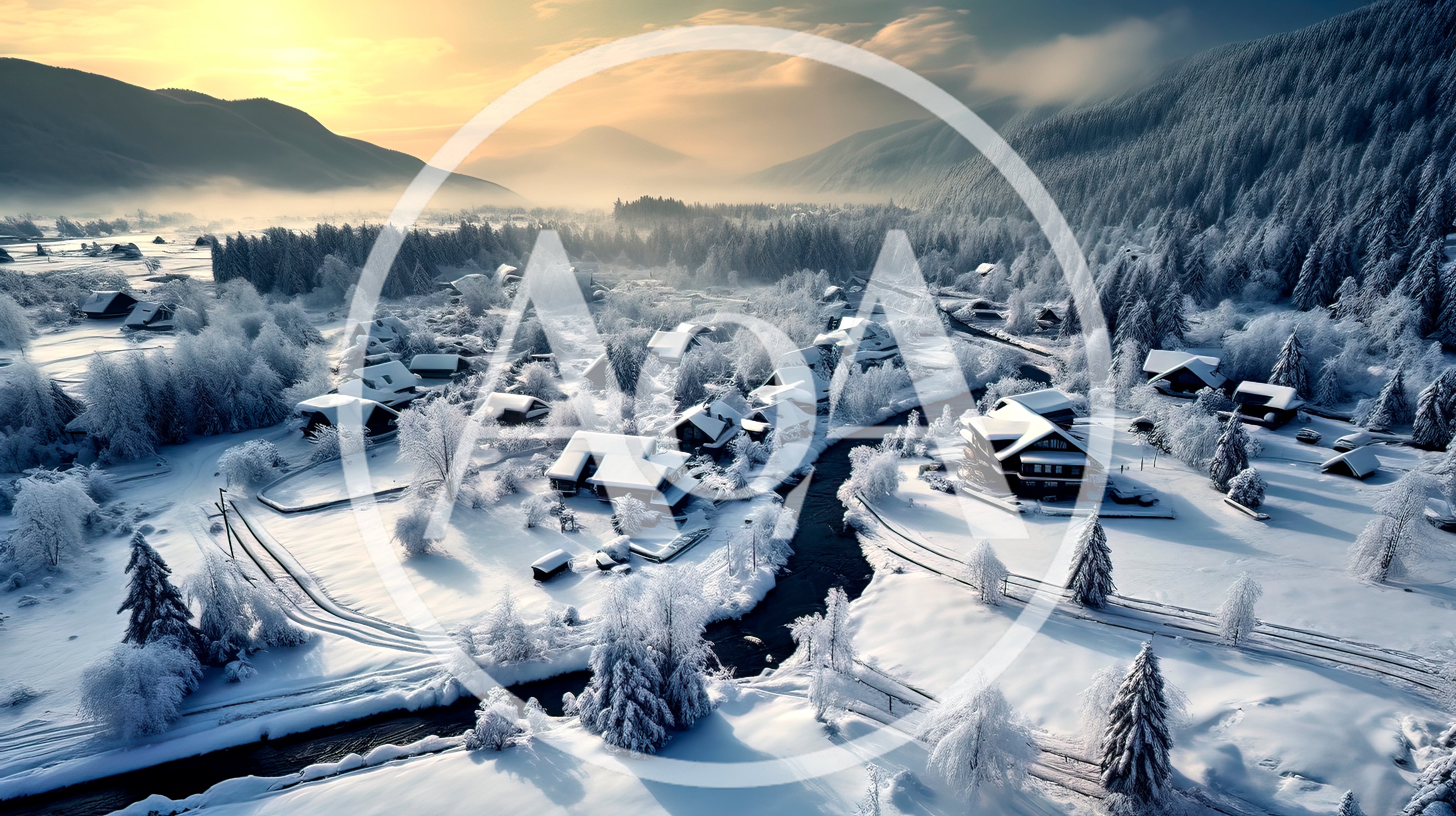 Aerial View Of A Snowy Mountain Village In Winter