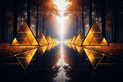 Glowing Golden Pyramids In A Misty Autumn Forest