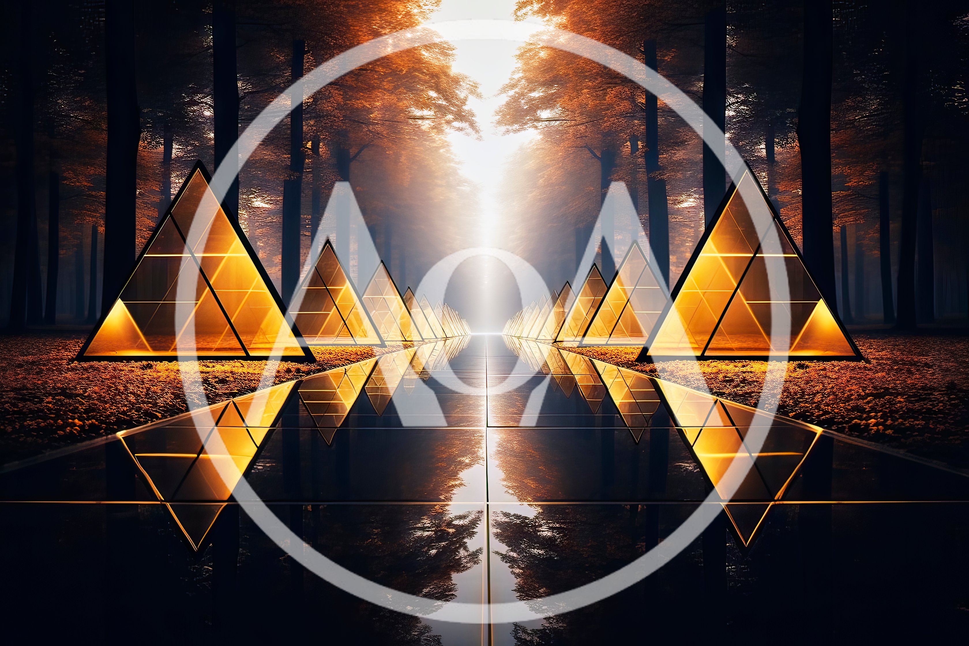 Glowing Golden Pyramids In A Misty Autumn Forest