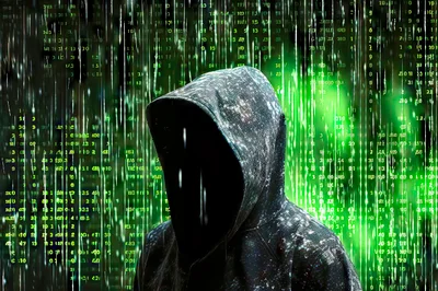 Anonymous Hacker In Hoodie Against Digital Matrix Code Background