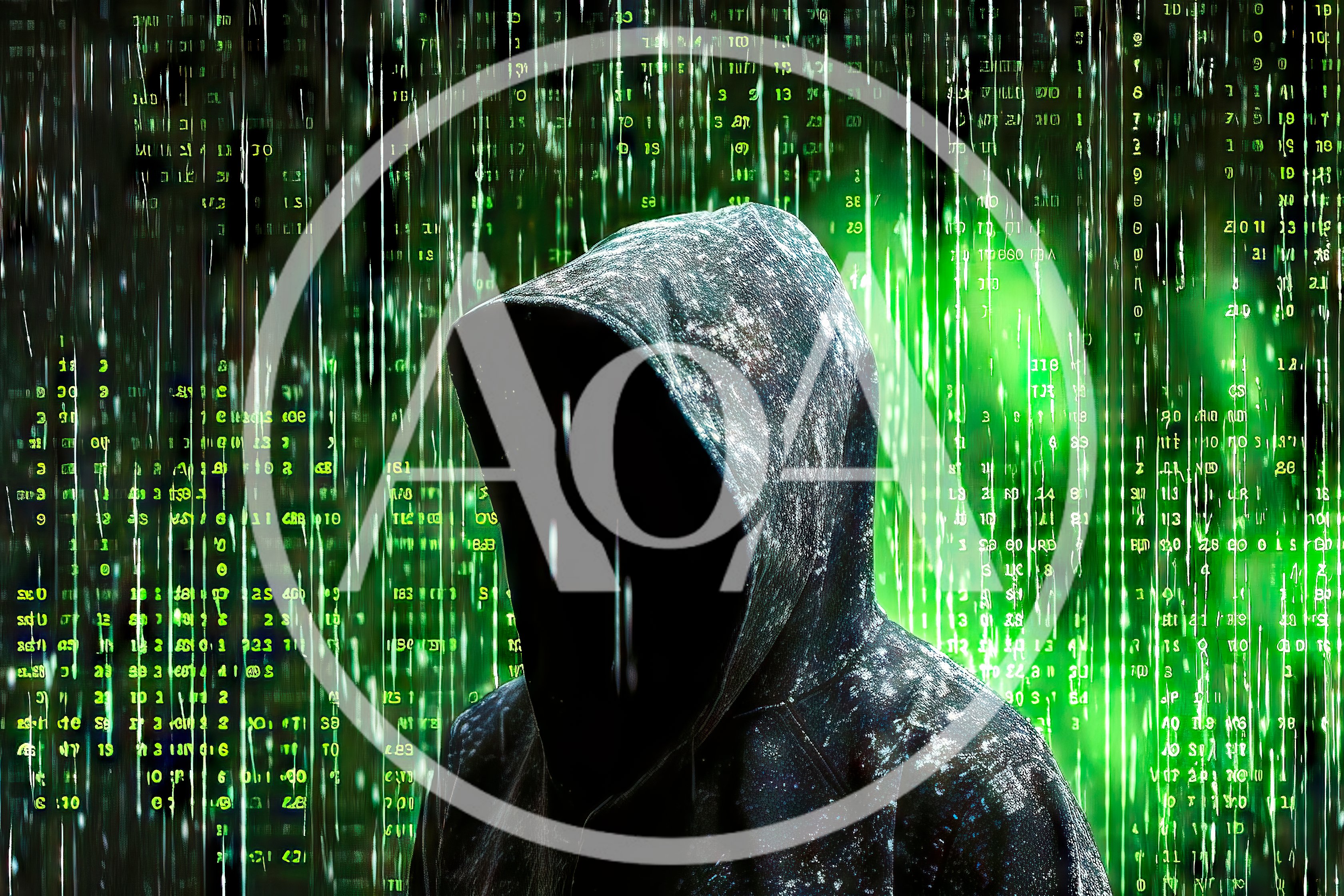 Anonymous Hacker In Hoodie Against Digital Matrix Code Background