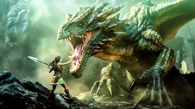 Warrior Woman Confronting A Massive Green Dragon