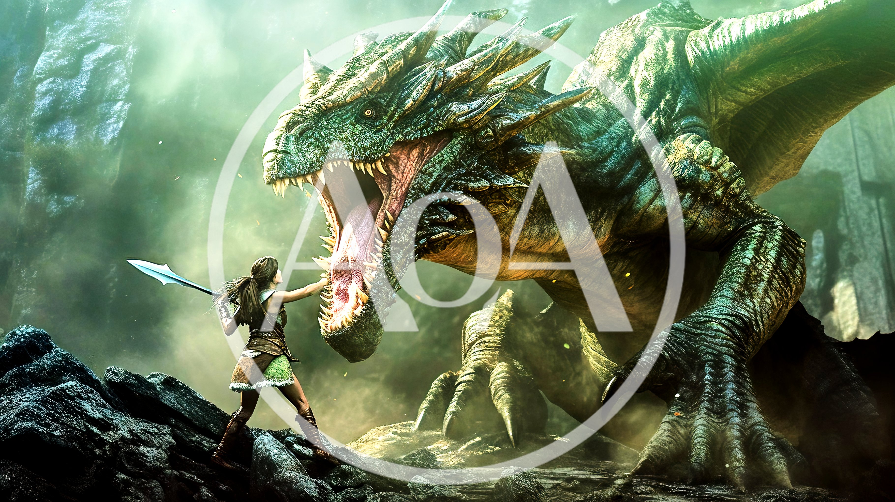 Warrior Woman Confronting A Massive Green Dragon