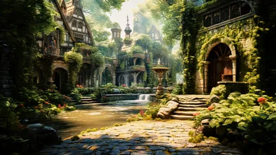 Enchanted Medieval Village With Stone Buildings And Water Feature