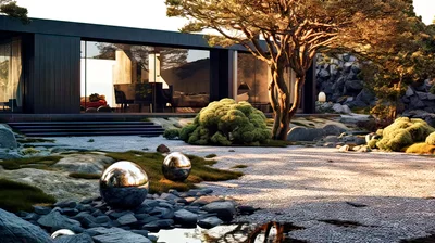 Modern Minimalist House With Zen Garden At Sunset