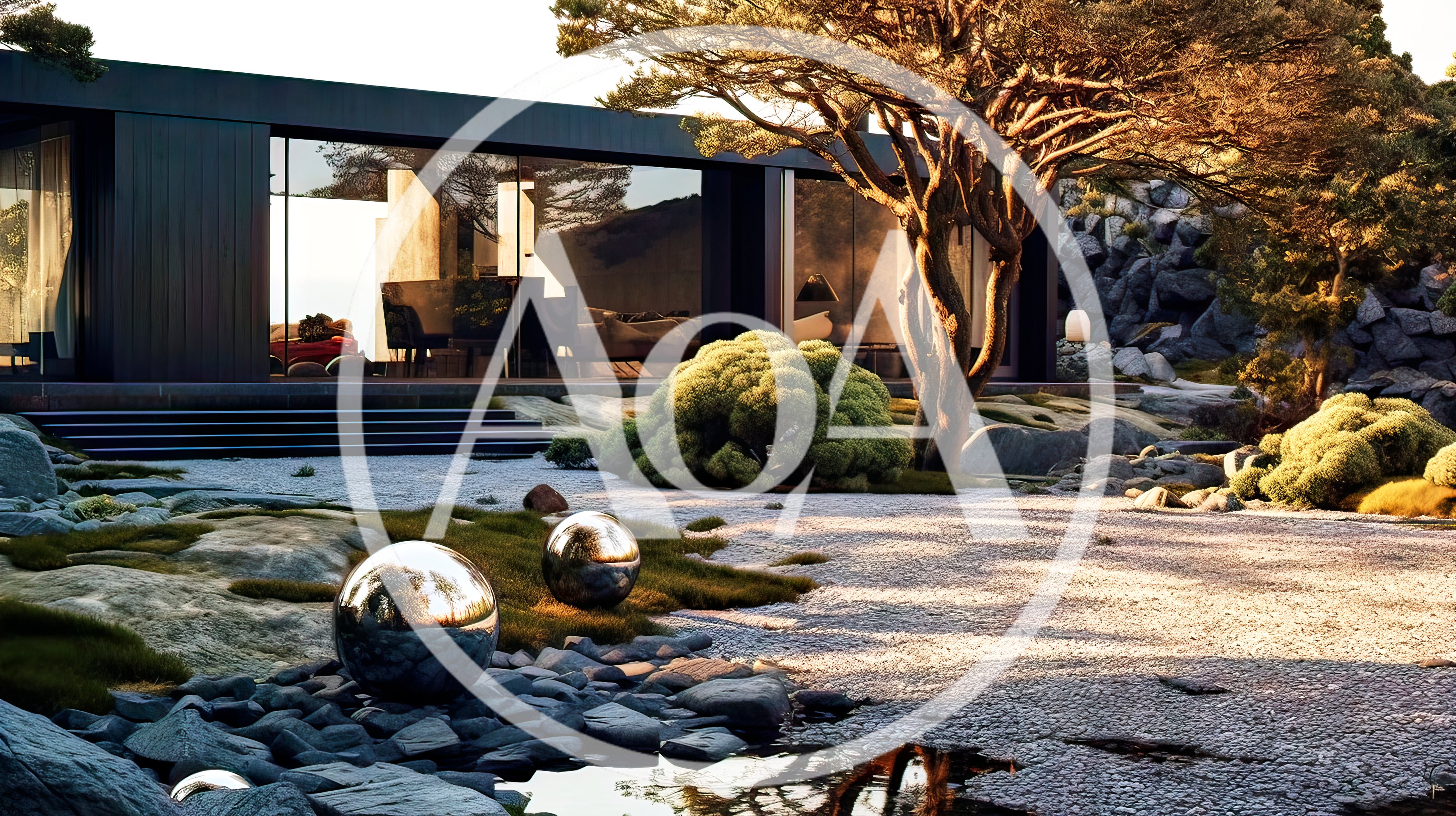 Modern Minimalist House With Zen Garden At Sunset