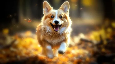 Happy Corgi Running Through Autumn Leaves