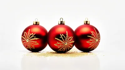 Three Red Christmas Ornaments With Gold Glitter