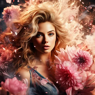 Portrait Of A Beautiful Woman Surrounded By Pink Flowers